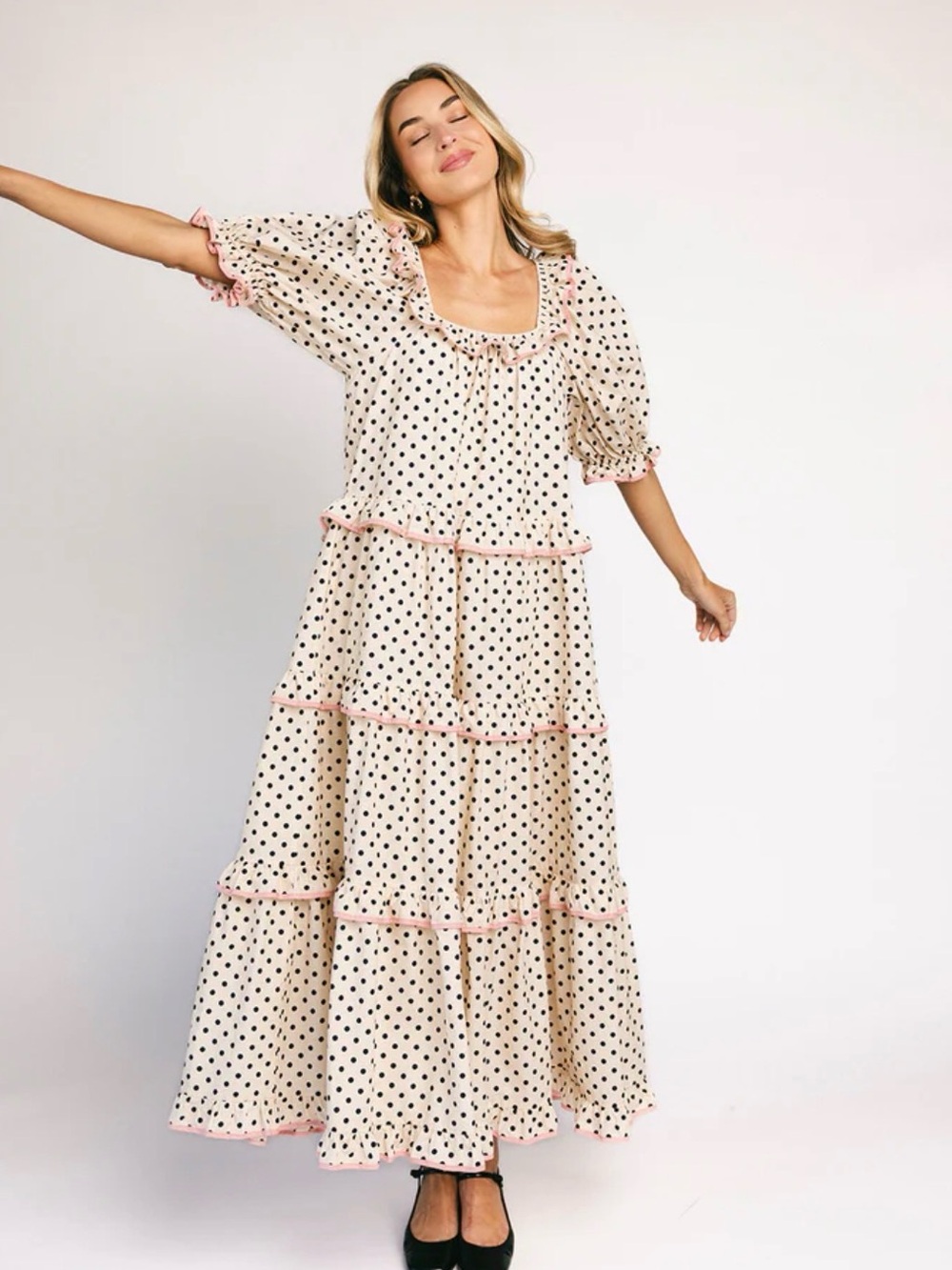 Zoko nwt Polka Dot Tiered Maxi Dress with Pink Trim - Women